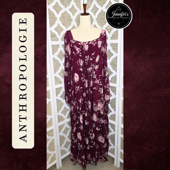 Anthropologie Evelin Maroon/Wine Floral Long Sleeve Chiffon Maxi Dress Size  XL